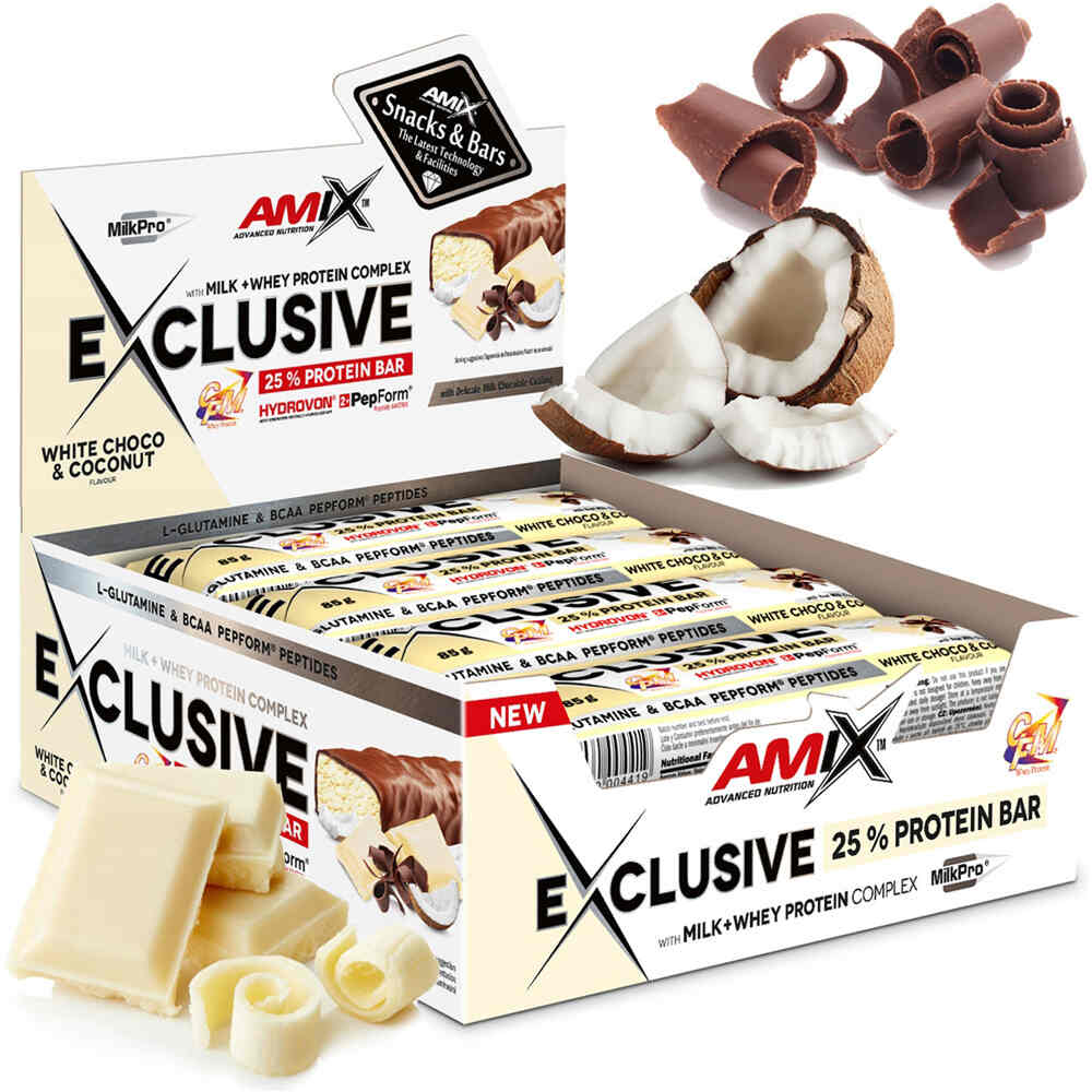 Amix Nutrition barritas energéticas EXCLUSIVE P.BAR 12*85GR Chocolate Blanco-Coco vista frontal