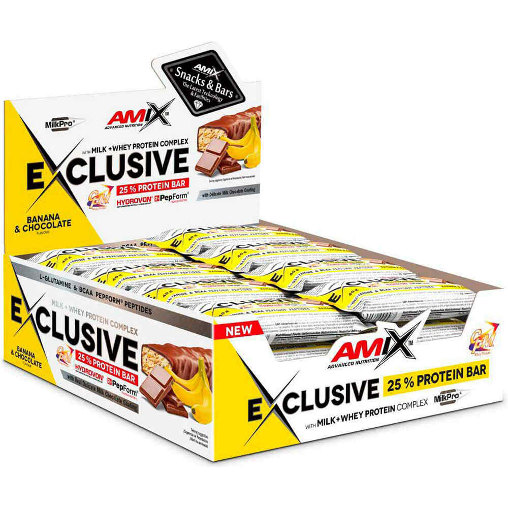 Amix Nutrition barritas energéticas EXCLUSIVE PROTEIN BAR 12*85 GR Platano-c vista frontal