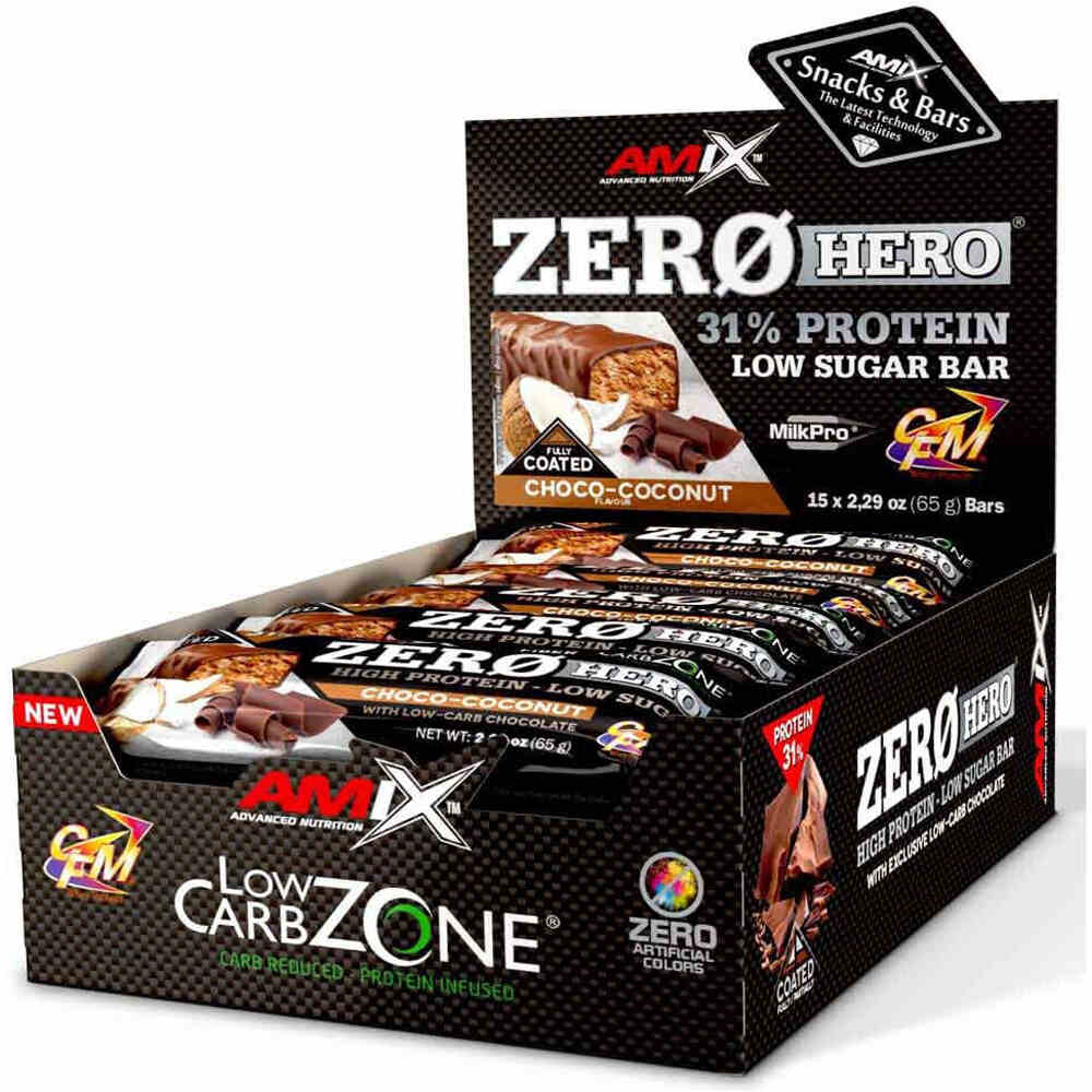 Amix Nutrition barritas energéticas ZERO HERO PROTEIN BAR 15*65 GR Coco-choc vista frontal