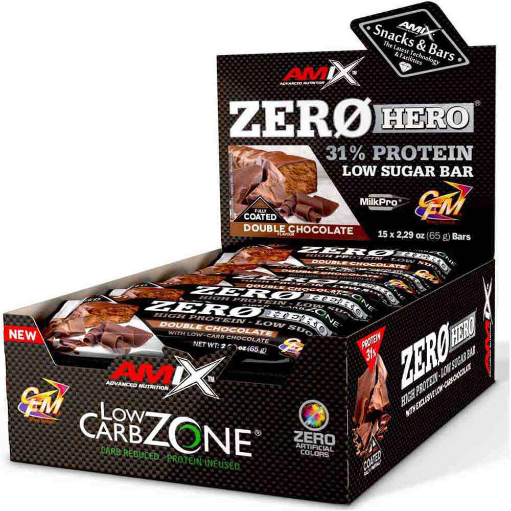 Amix Nutrition barritas energéticas ZERO HERO PROTEIN BAR 15*65 GR Doble-cho vista frontal