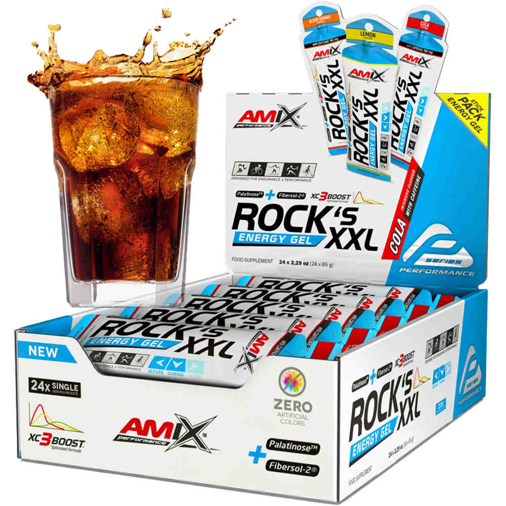 Amix Performance energía instantánea ROCKS GEL XXL CON CAFEINA 24*65 GR Cola vista frontal