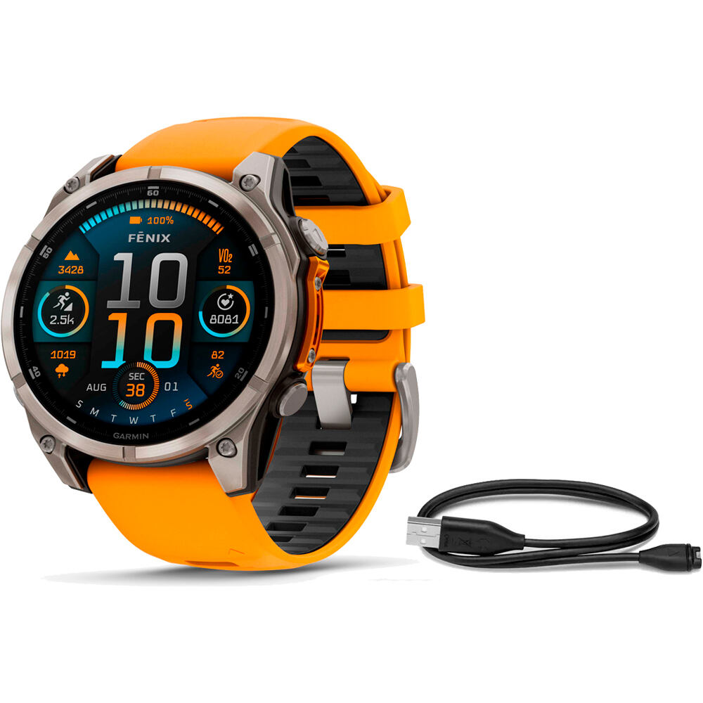 Garmin pulsómetros con gps fenix 8 47mm,AMOLED,Saph,Ti/Bare/Grpht,SparkOrg/GrphtBd vista frontal